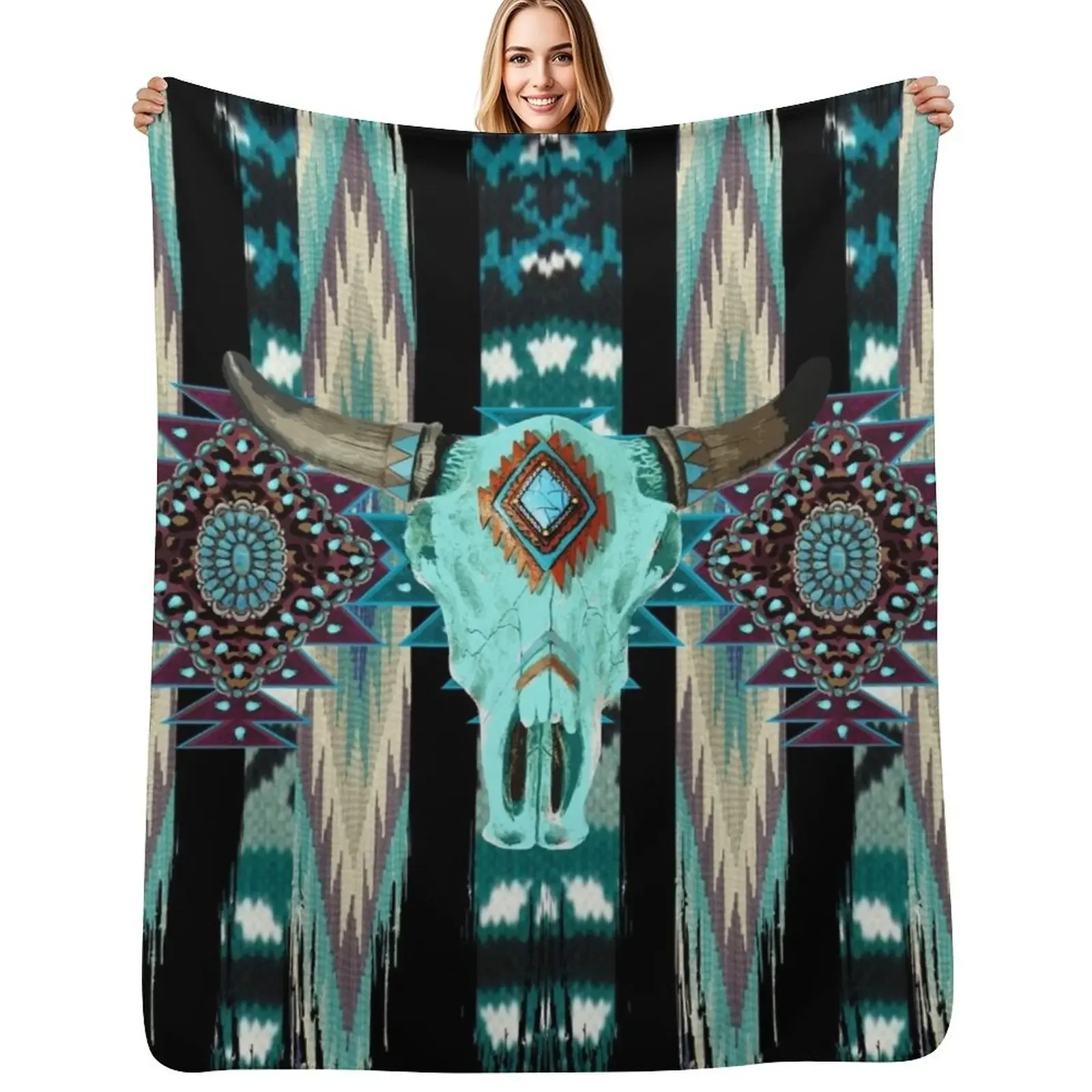 

Tribal Design With Cow Scull - Turquois, Blue And Purple Brush Strokes Throw Blanket for babies Warm manga wednesday Blanket