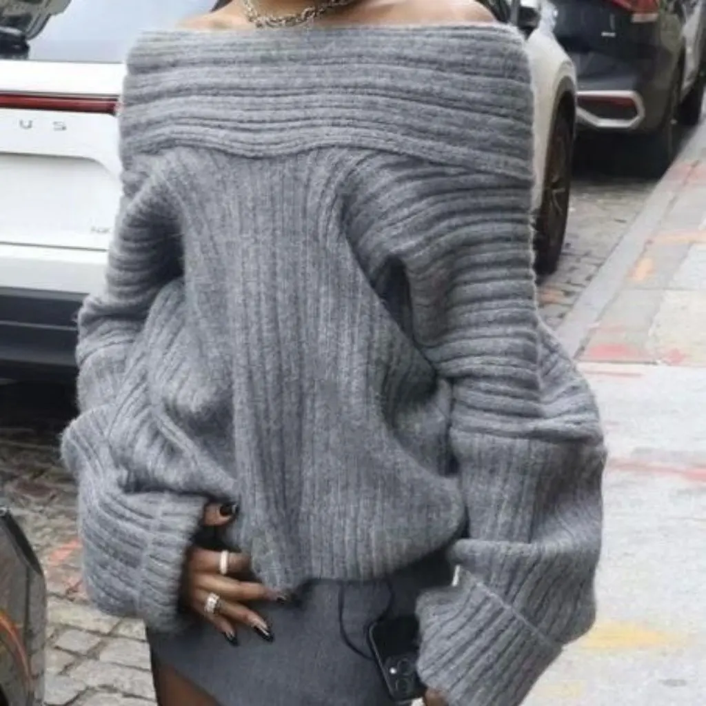 

Spring Autumn Asymmetrical One-Line Collar Loose Casual Knitwear Long-Sleeved Women's Open Cardigan Fashionable Style