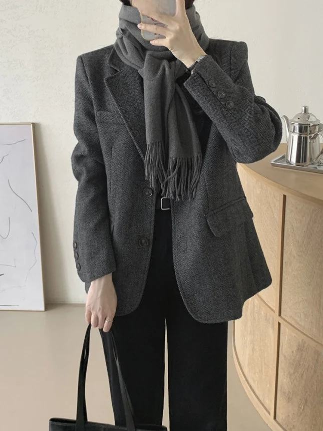 

Chic Autumn High-End Feelings Men's Plaid Loose Casual Versatile Long Sve Woolen Coat Women's Single-Breasted Pure Color