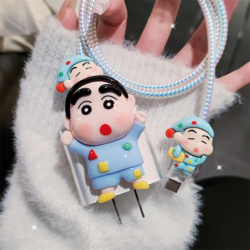 4pcs/set Crayon Shin-chan Data Cable Protective Case 20W for Iphone 15 14 Kawaii Cartoon Anti-fracture Charger Protective Case