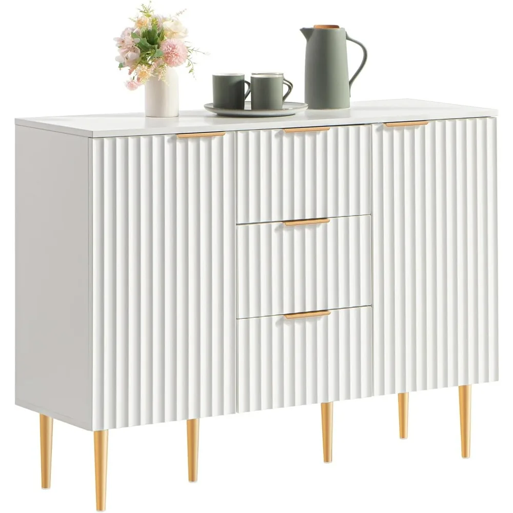 White Sideboard Cabinet with 3 Drawers, Glossy Fluted Buffet Storage Cabinet with Adjustable Shelves,  for Kitchen, Living Room