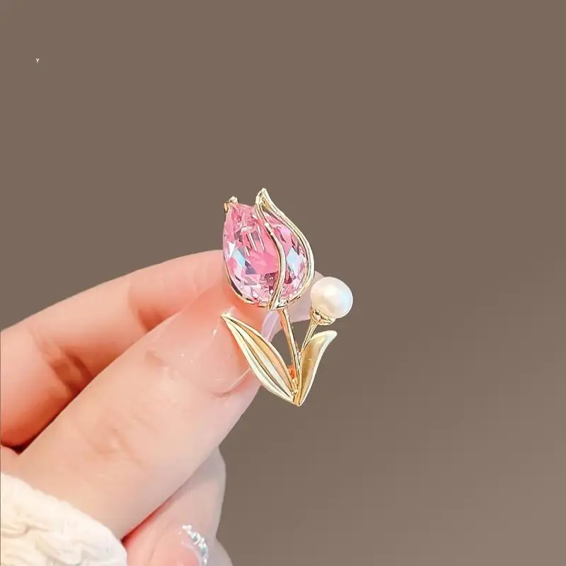 ⑧ Shiny Tulip Crystal Zircon Flower Pearl Brooch For Women Rhinestone Corsage Pins Party Jewelry Gift