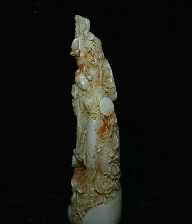8.2" Old Chinese White Jade Carving Beauty Belle Flower Statue Sculpture image 4