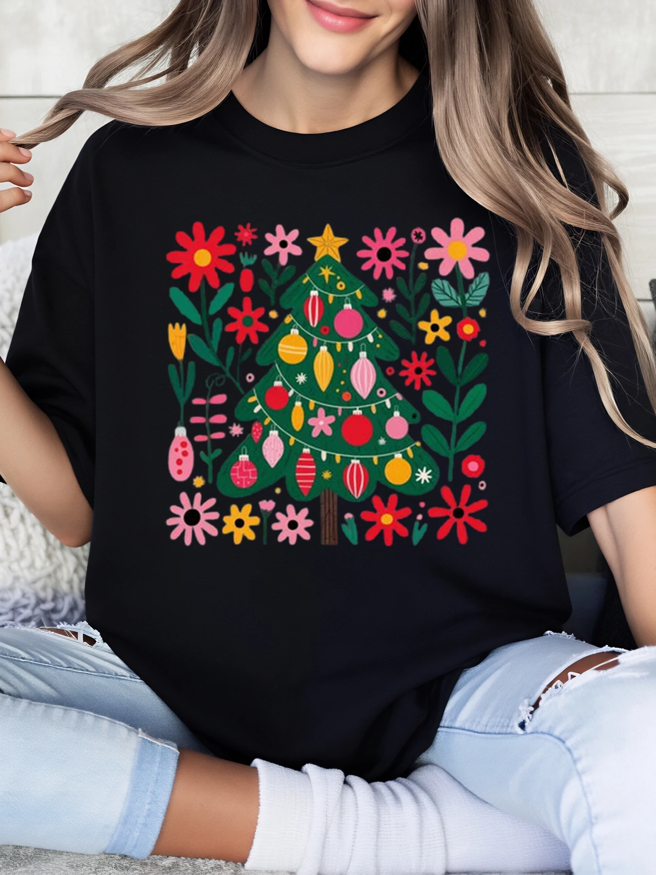 Urlaubs-T-Shirt mit floralem Weihnachtsbaum-Aufdruck, Damen-Freizeitkleidung, festliches Outfit, Schwarz, Übergröße