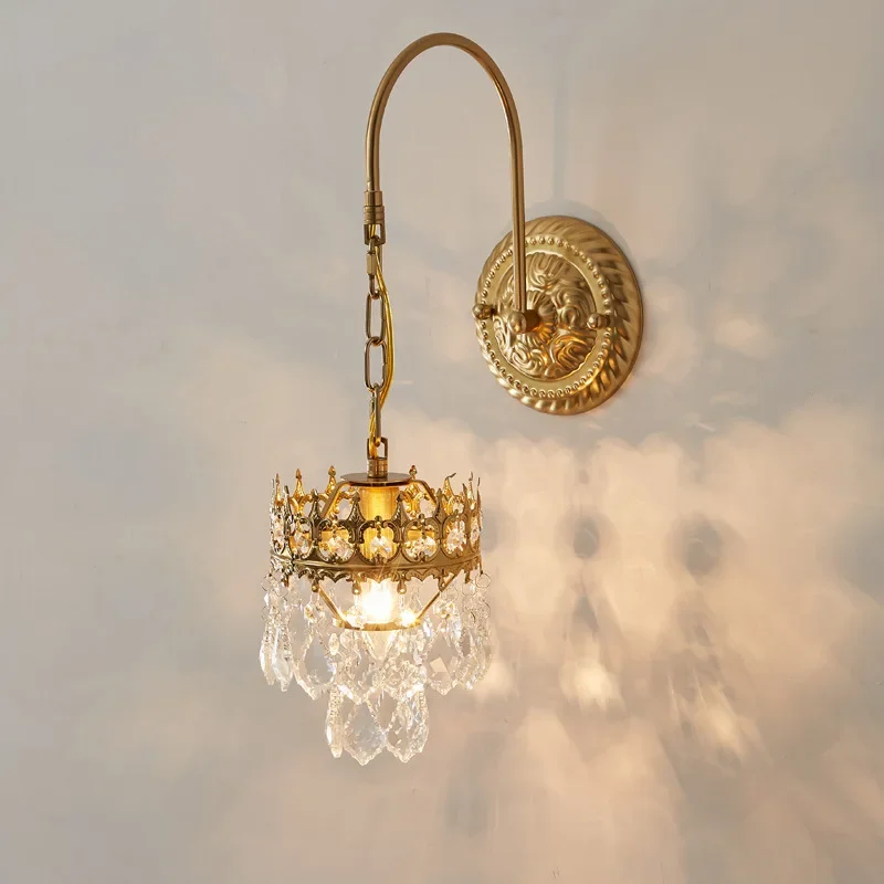 French Retro K9 Crystal Crown Light Luxury Wall Lamp Bedroom Bedside Living Room Classical American Wall Lights