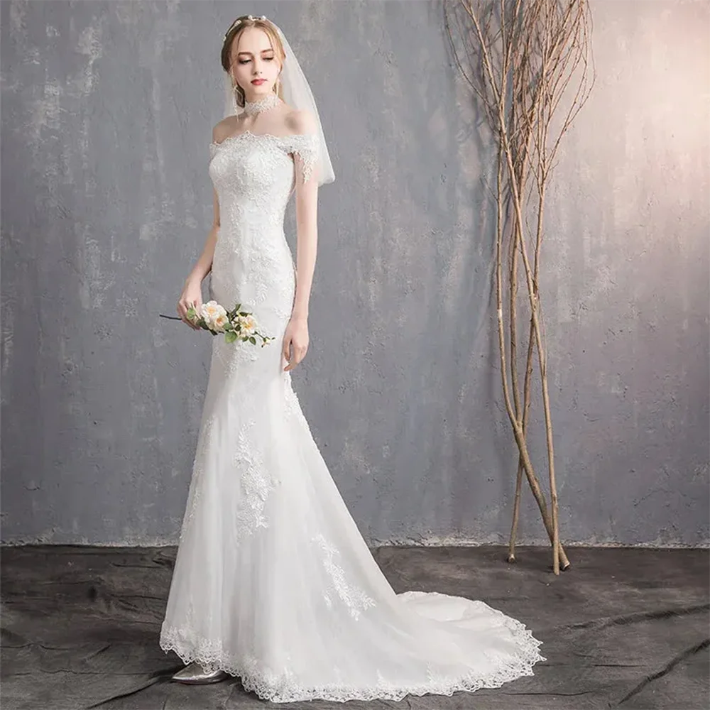 Customzied Elegant Off The Shoulder Wedding Dresses with Floral Print Bridal Veil Mermaid Sweep Train Hem Lace Bridal Gowns