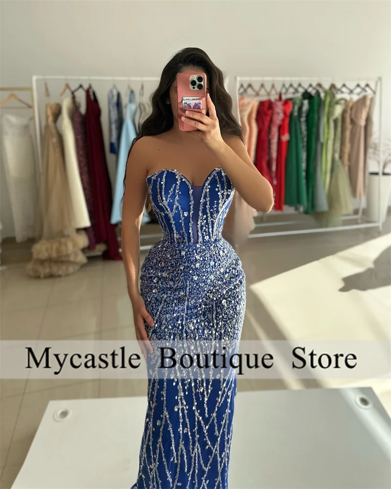 Royal Blue Beaded Lace Mermaid Evening Dresses Women 2025 Crystals Sweetheart Prom Gowns Formal Party Dress Customized