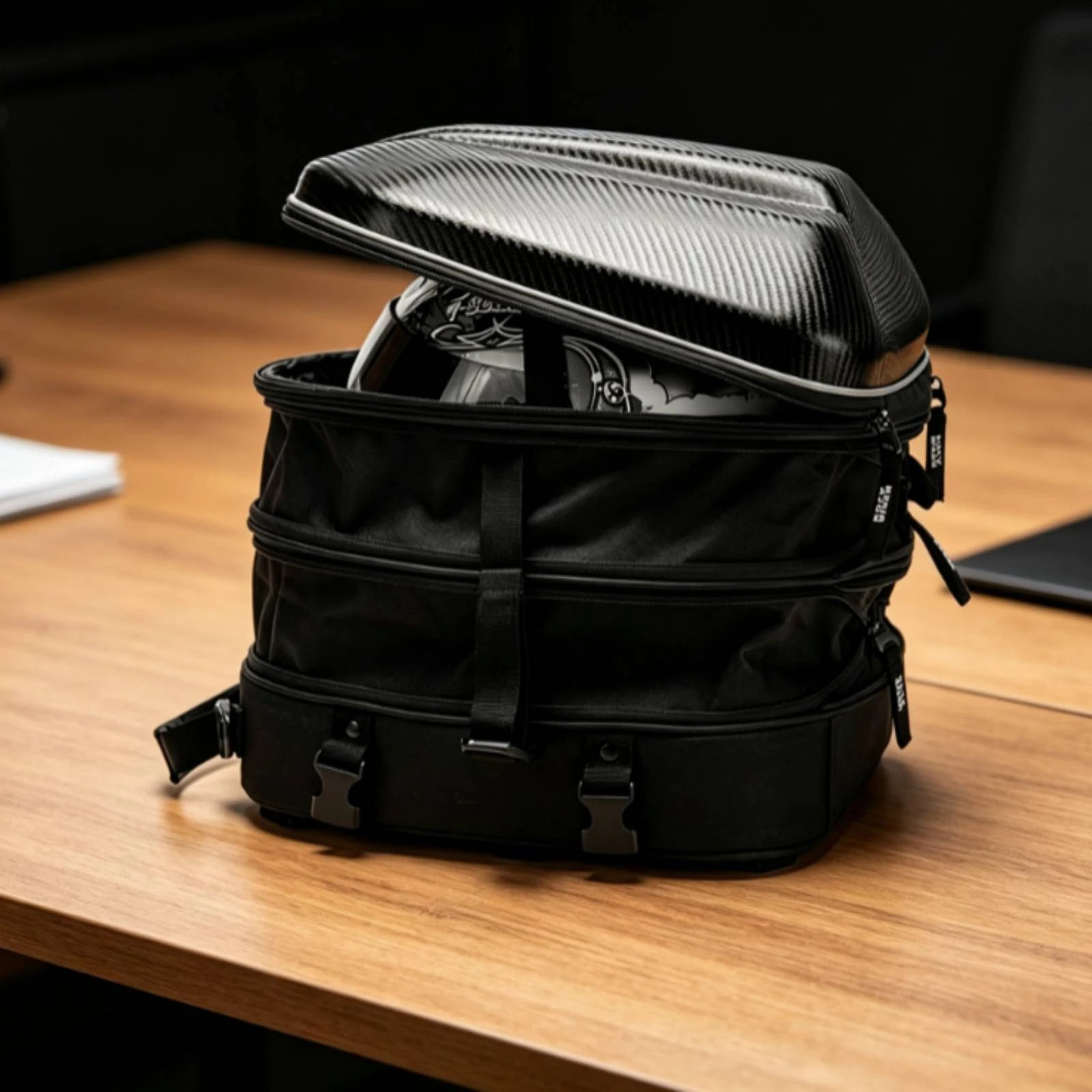 Motorcycle Tail Bag with Rain Cover Carbon-Fiber-Style Motorcycle Tail Bag Waterproof Compact for Commuters, Daily Commuting