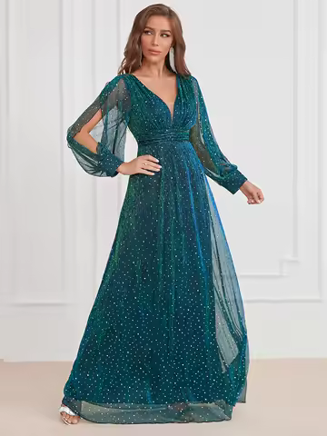 UNITHORSE Shiny Sequin V-Neck Long Sleeve Evening Dress Elegant Formal Gown for Women