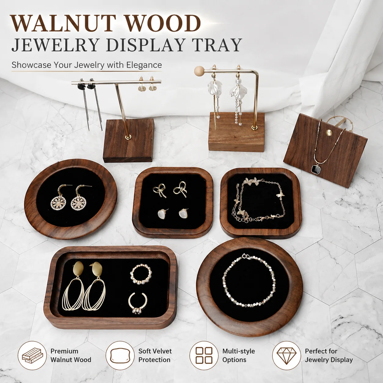 

Walnut Wood Velvet Jewelry Display Tray, for Ring Bracelet Necklace Stud Drop Earring, Photography Prop, Store Display