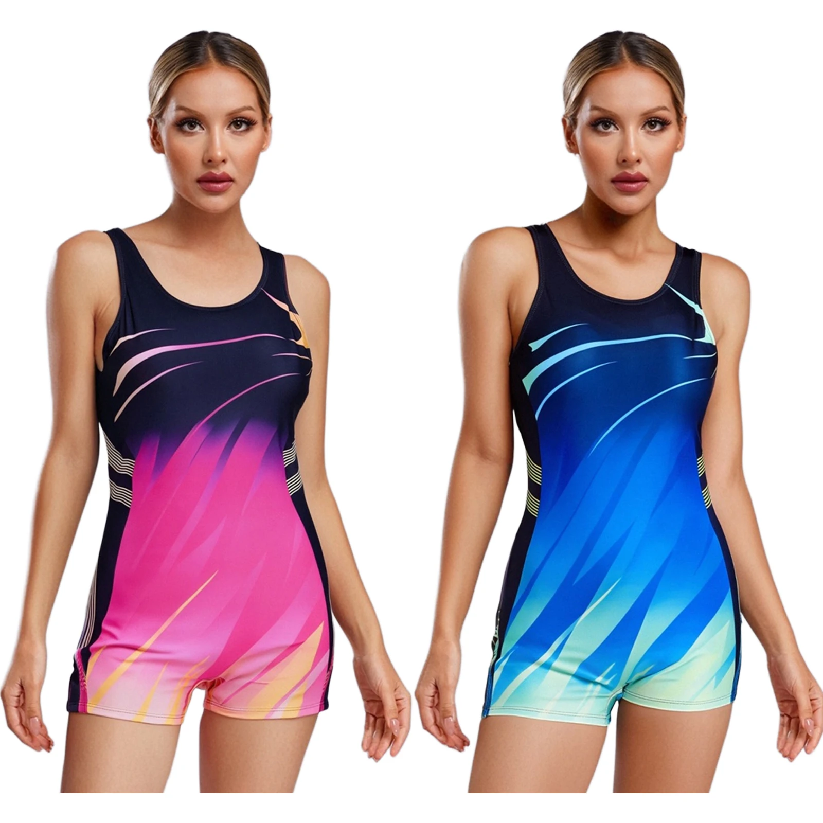 Women Contrast Color Athletic Jumpsuit One-Piece Sports Swimsuit U Neck Sleeveless Printed Bodysuit with Removable Chest Pads