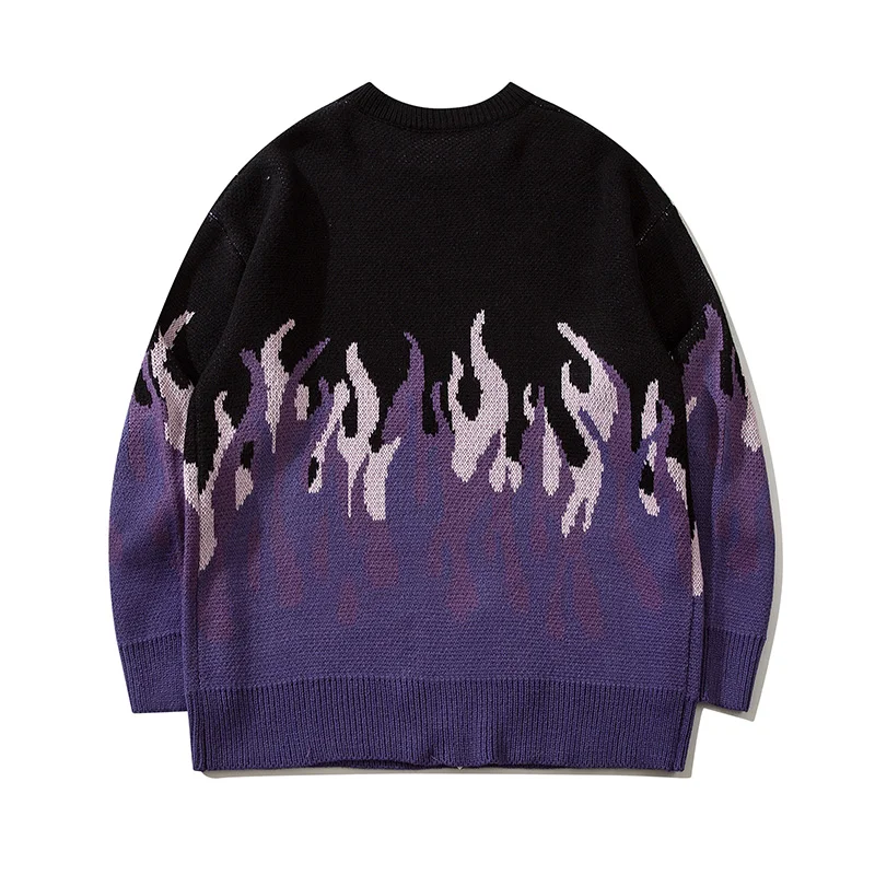 Purple Fire Pattern Knitted Sweater Women\'s Casual Warm Mid Stretch Crew Neck Pullover Sweater For Men Fall Winter