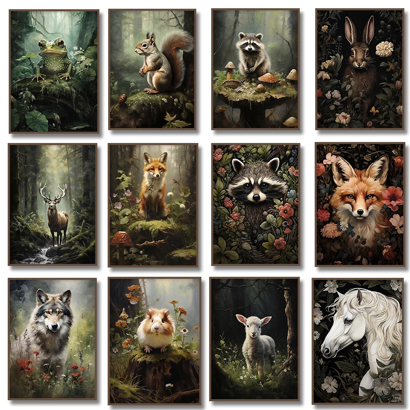 Rabbit Bunny Rustic Raccoon Frog Sheep Deer Bear Fox Forest Poster Canvas Painting Print for Living Room Home Decoration Cuad