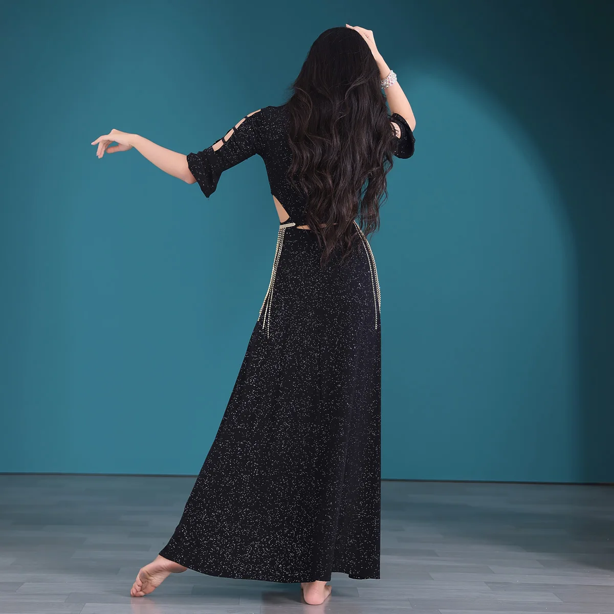 Dançarina vestido de dança do ventre feminino novo terno outono e inverno sexy buraco escavação vestido desempenho vestido prática 5585