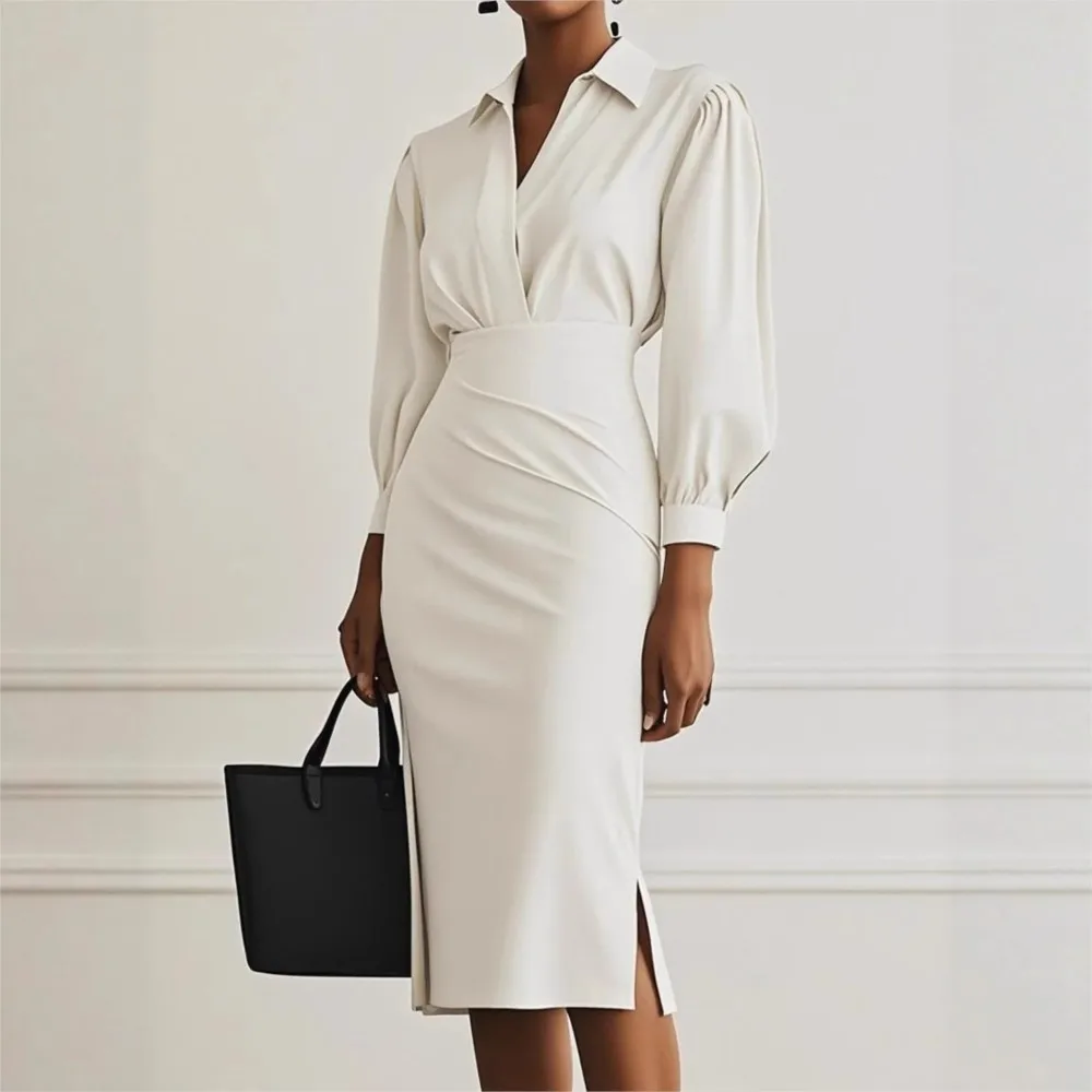 فستان بسيط وعصري برقبة على شكل حرف V بلون سادة وخصر مشدود للنساء للخريف #1