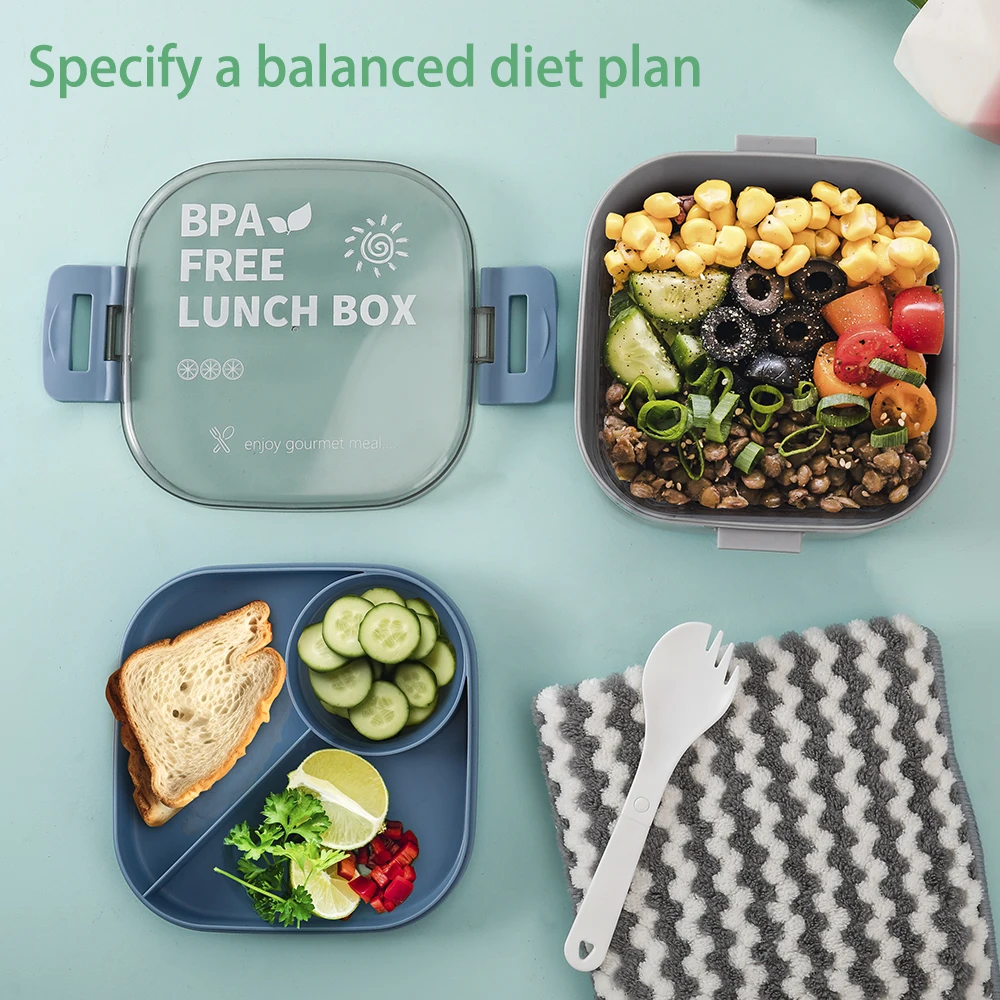 1 szt. pudełko na lunch Bento dla dorosłych, 1000 ML - 4-komorowy pojemnik na lunch, biurowe pudełko na lunch na piknik z przenośnymi sztułami, bez