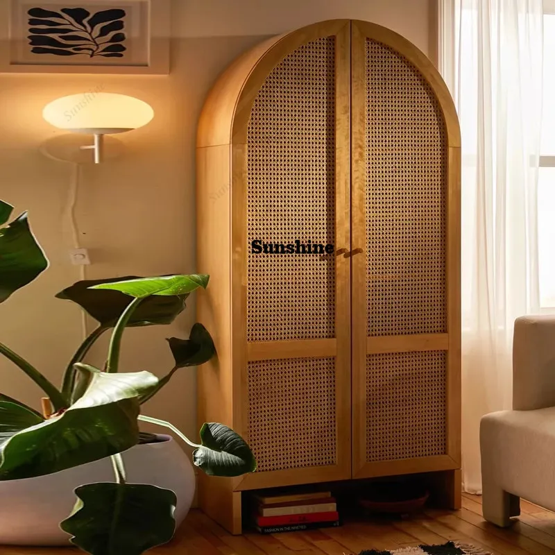 

American light luxury solid wood bookcase, retro rattan wardrobe, small apartment