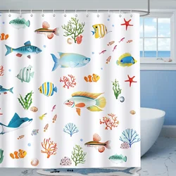 Ocean Shower Curtain for Kids Under The Sea Dolphin Fish Blue Decorative Bath Curtain Polyester Fabric Washable Bathroom Curtain