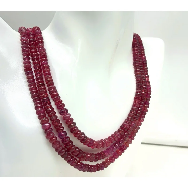 

Ruby Necklace Three Line 5mm Round Plain Smooth Gemstone Beads Sterling Silver