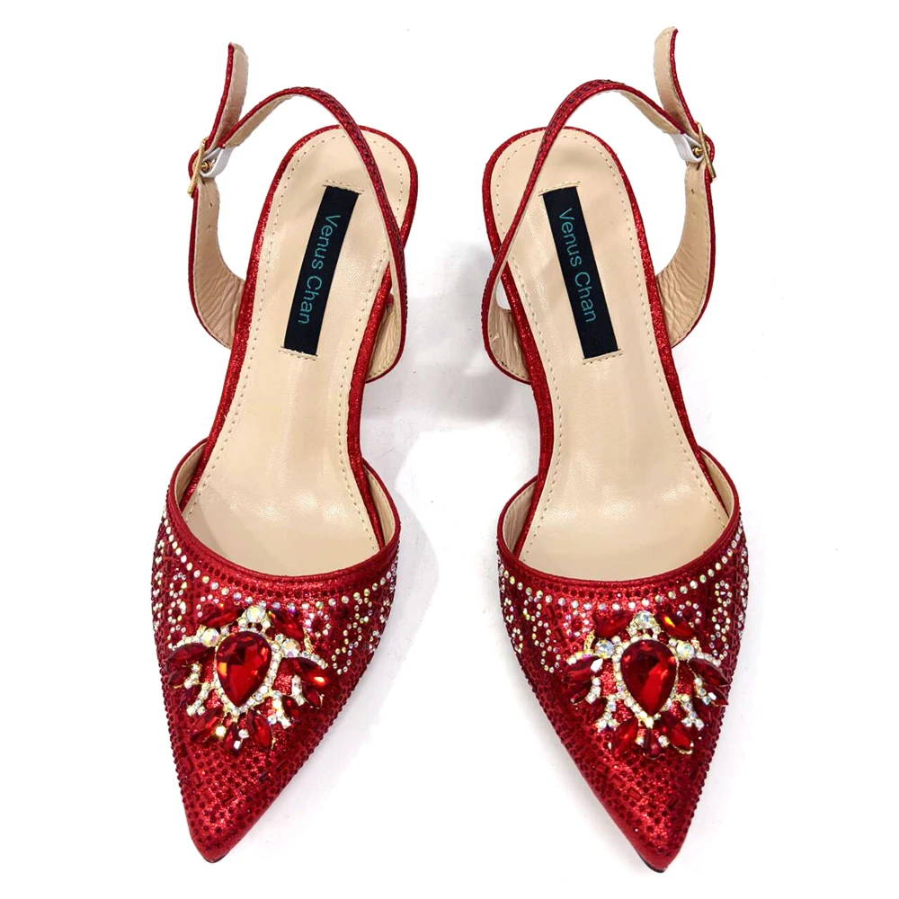 Venus Chan-Nigerian Heel Party for Women Red Color Shoes and Bag Set Rhinestone Handbag Italian Design Wedding INS 2024