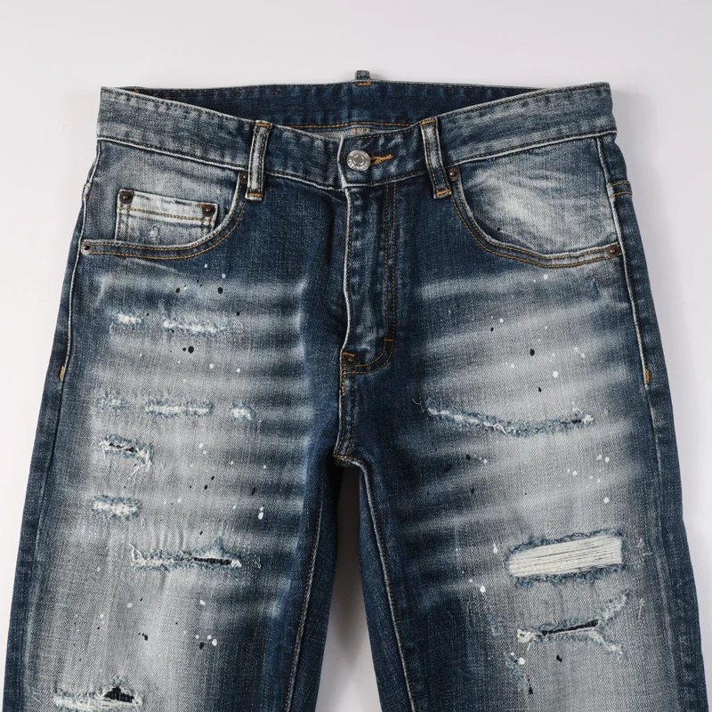 

High Street Designer Fashion Men Jeans Retro Blue Stretch Slim Fit Patched Ripped Jeans Men Brand Denim Pants Vintage Trousers