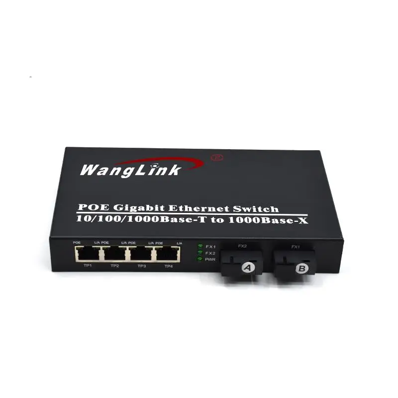 1000Mbps Unmanaged 4 Port PoE Media Converter 2 SC Fiber Uplink Desktop Rack‑Mount Surveillance SME Network