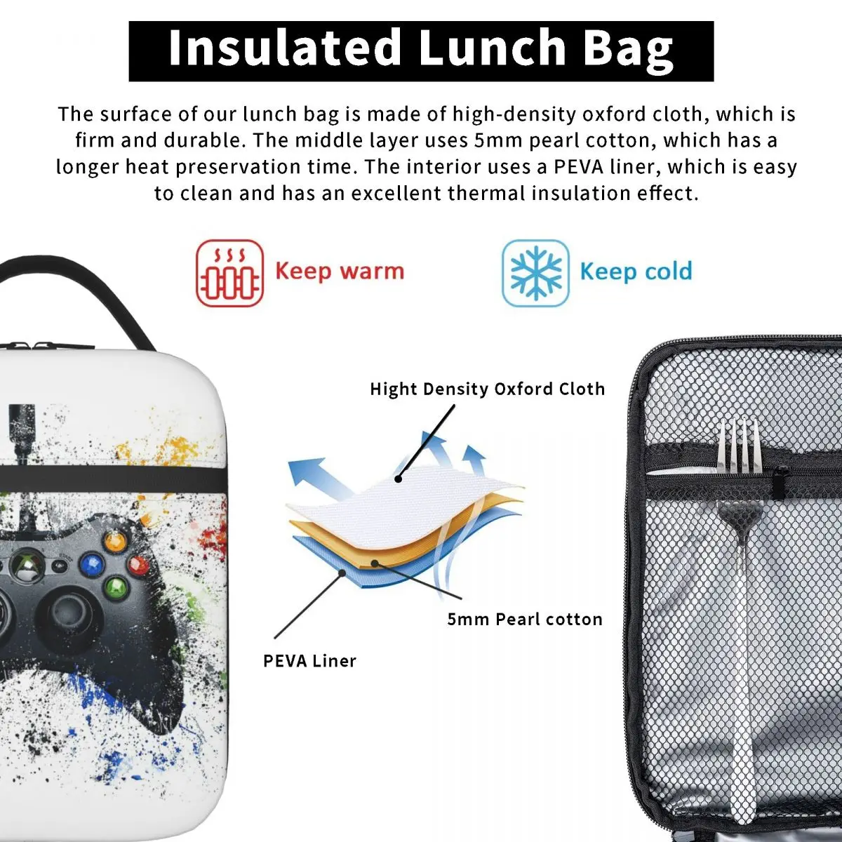 Gaming Controller Arcade Console Insulated Lunch Bags Cooler Bag Meal Container Video Game Games Player Box Tote Food Handbags