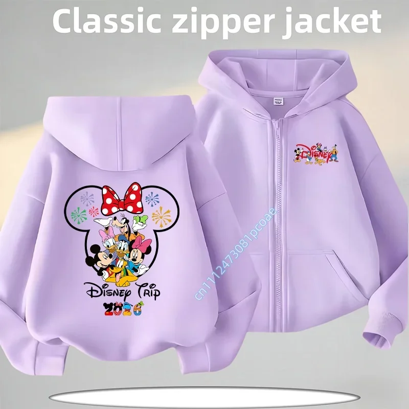 Disney Kawaii 2026 Fashion Disneyland Trip Vacation Clothes Caricature Zip Hoodie Children Top Cartoons Girl Clothes Boy Kids view 5