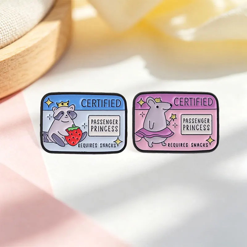 Certified Passenger Princess Raccoon And Mouse Badge Cartoon Raccoon Rat Crowned & Strawberry Enamel Pin Bag Lapel Badge Jewelry