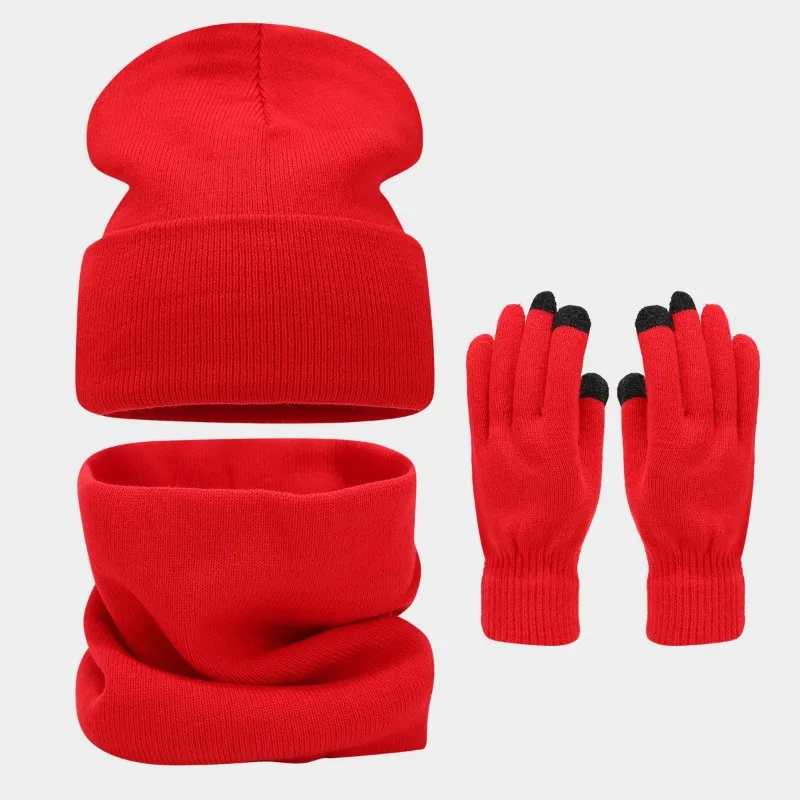 New Solid Color Knitted Hat Scarf Gloves Three-piece Winter Outdoor Cycling Earmuff Warm Skull Beanie Caps for Men and Women