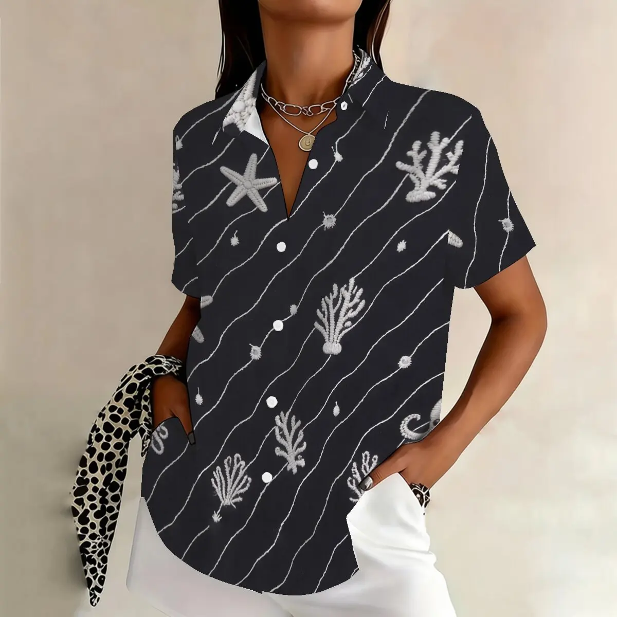 

Модная женская рубашка больших размеров с короткими рукавами, топ с принтом морских звезд и кораллов, подходит для развлечений, отдыха и прогулок на свежем воздухе.