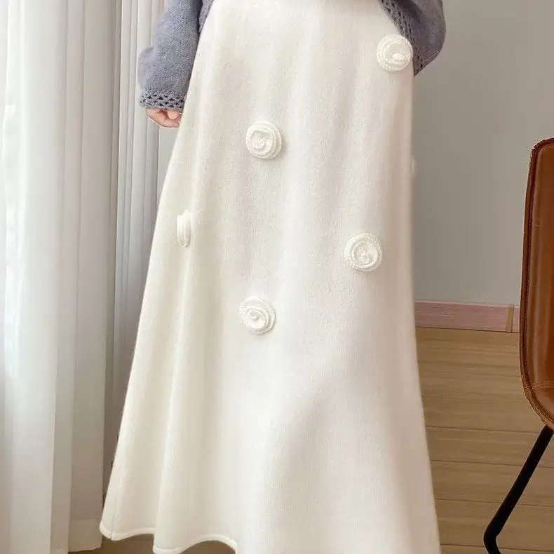 2026 Autumn Winter New Thicken Plush A-line Skirts Wowen Solid Casual High Waisted Long Skirt Ladies Lazy Style Knit Skirt TS598