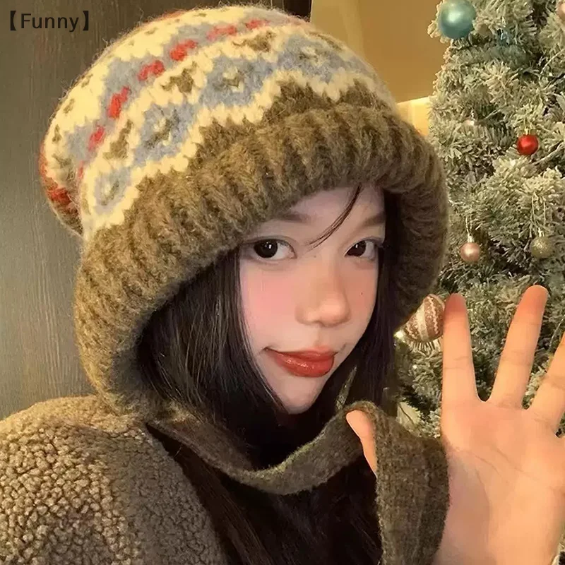 여성용 니트 모자 울 혼합 레트로 울 모자 따뜻하게 유지하는 빅 헤드 사이즈 방한 모자 남성용