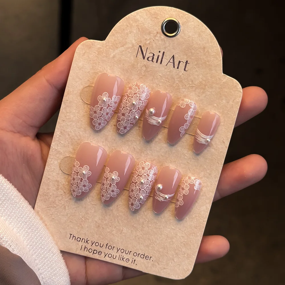 

24pcs French lace flower wearing armor, handmade pearl nail art, exquisite and high-end almond shaped girl's wedding armor