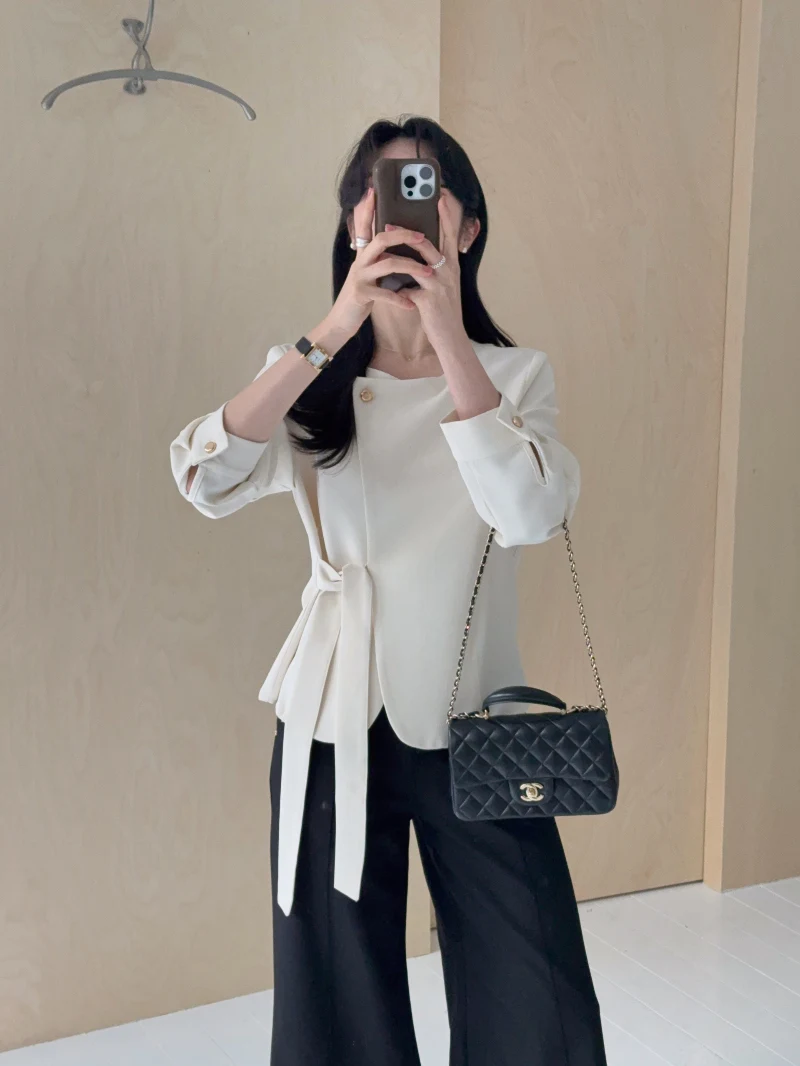 commute-simple-asymmetric-belted-ort-jaet-women's-design-sense-oblique-door-long-sve-belted-waist-inward-top