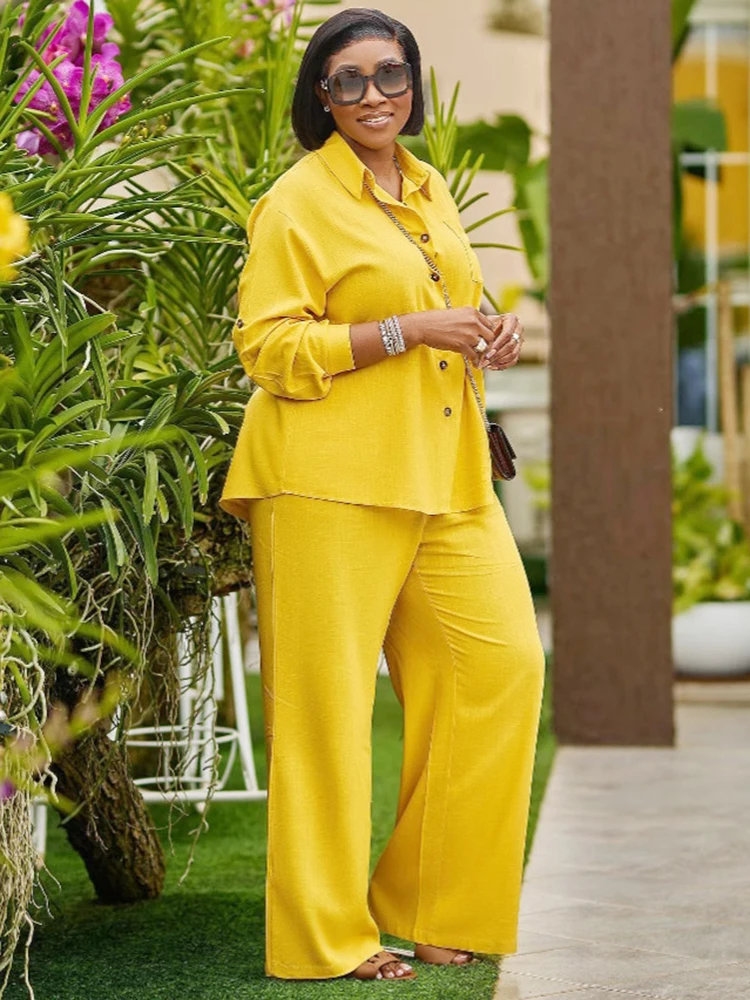 

New Yellow Casual Trousers Outfit Spring Women Long Sleeves Single Breasted Shirt+High Waist Wide Leg Pants Autumn Two Piece Set