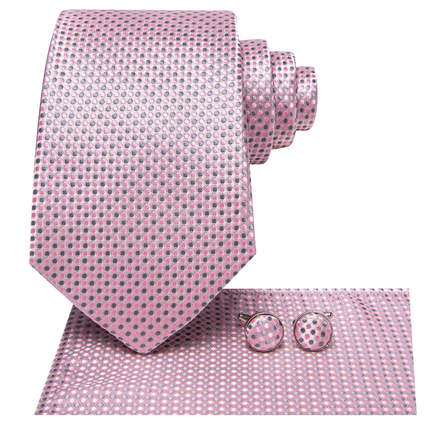 Hi-Tie Pink Grey Polka Dots Business Mens Tie 8.5cm Jacquard Necktie Accessorie Daily Wear Cravat Wedding Party Hanky Cufflink