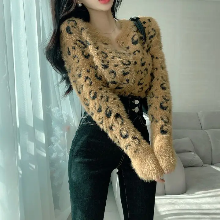 Women\'s Leopard Gothic Pullover Knitted Sweater Harajuku Korean 90s Y2k Long Sleeves Jumper Sweaters Vintage 2000s Clothes