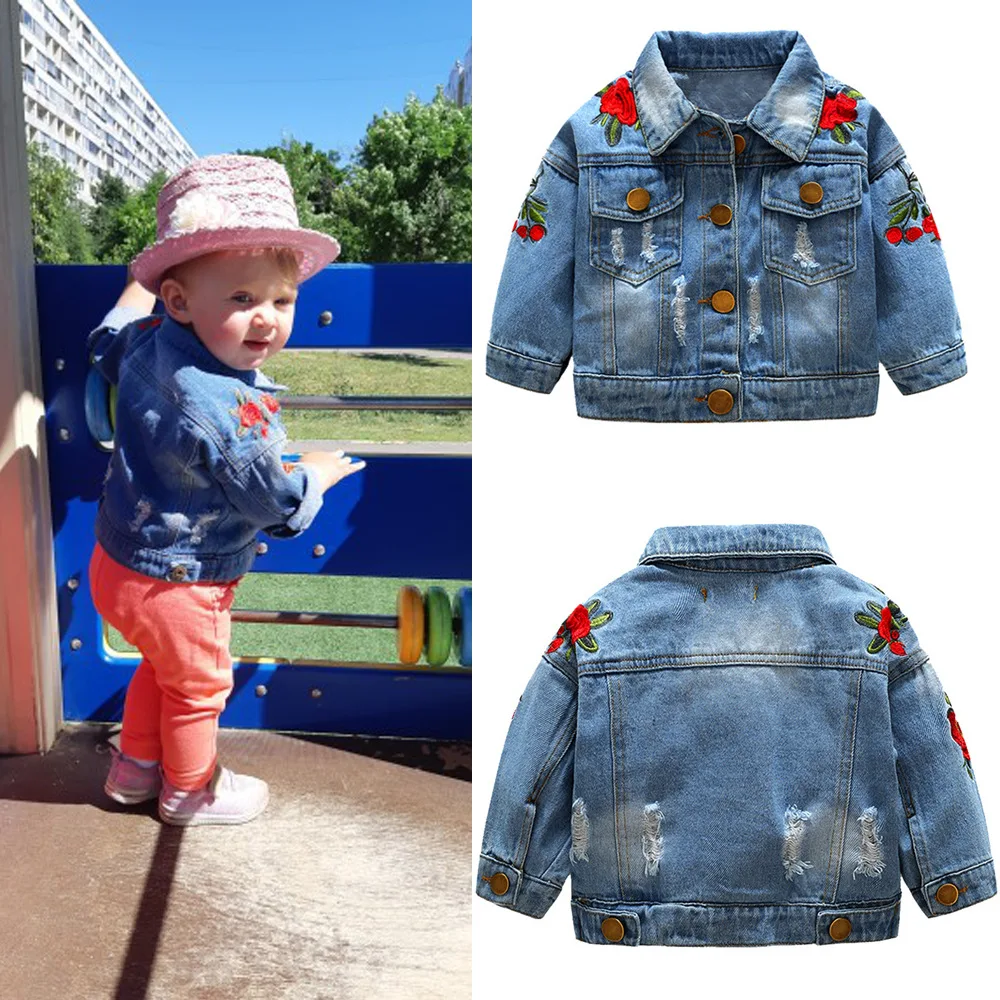 

Autumn Baby Girls Denim Jackets Coats Spring Toddler Girls Flower Embroidery Outwear Children Coat Kids Clothes Casual Jacket