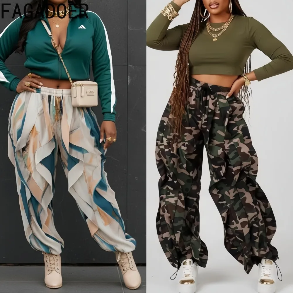

FAGADOER Vintage Fashion Ruched Camouflage Patchwork Pants Woman High Waist Loose Ankle Strap Pants Female Streetwear Bottoms