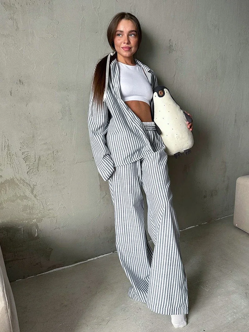 TXii Striped Female Sleepwear Suit Long Sleeve Nightwear Sexy Turn-Down Collar Pajamas Wide Leg Pants Loose Nightgowns Set