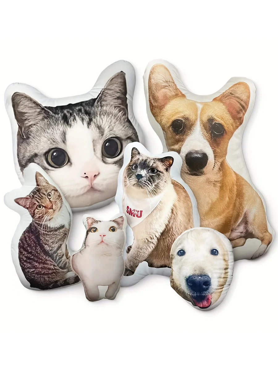 Customized Photo Pillow with Realistic Cat and Dog Shapes, Personalized Plush Gift for Friends, Olive Brown Polyester