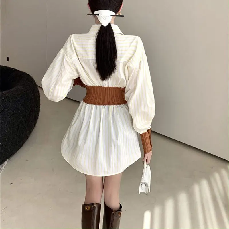 Office Lady Striped Patchwork Slim Waist Shirt Spring Autumn Single-breasted Women\'s Clothing Long Sleeve Fashion Lapel Blouse