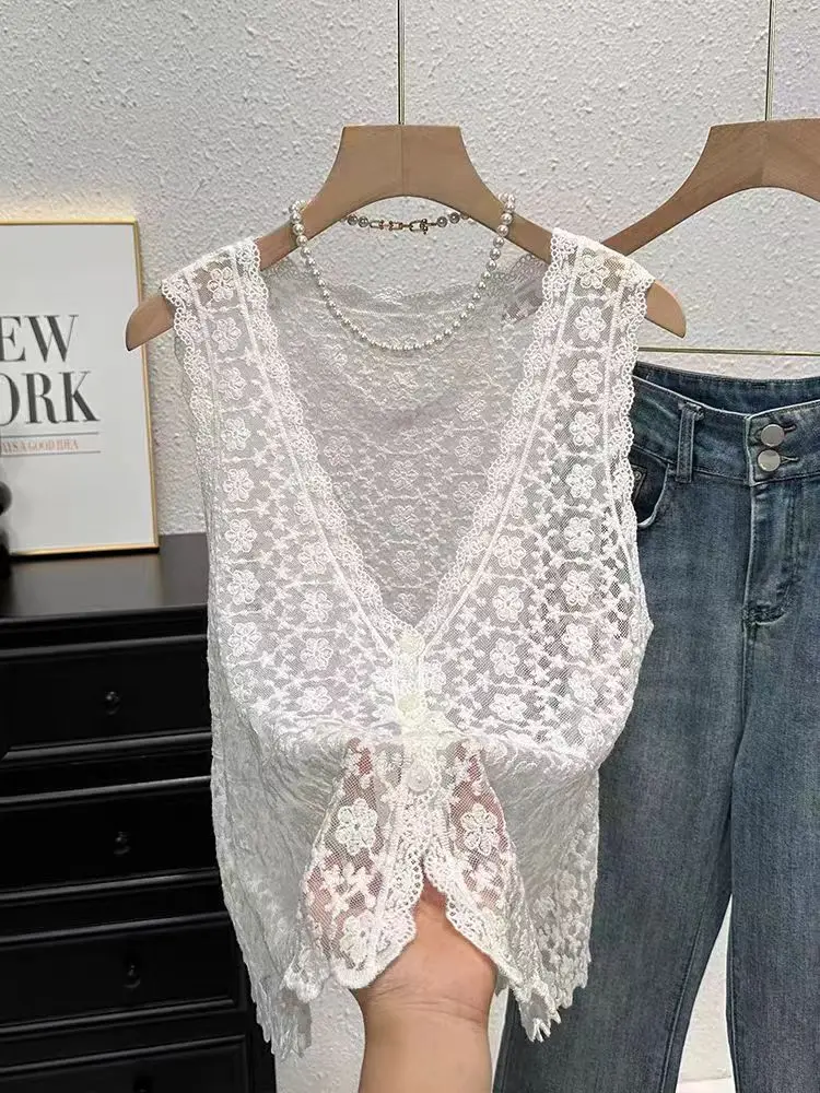 

Spring Summer V-neck Embroidery Lace Mesh Vest Women Sleeveless White Beige Crochet Top Holiday Beach Boho Cover-Up