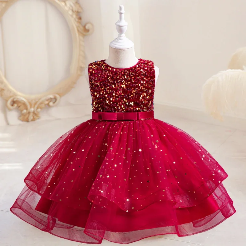 

Formal Sleeveless Lace Sequins Wedding Princess Dress Host Birthday Evening Bow Kids Dress for Girl Bridesmaid Children Clothes