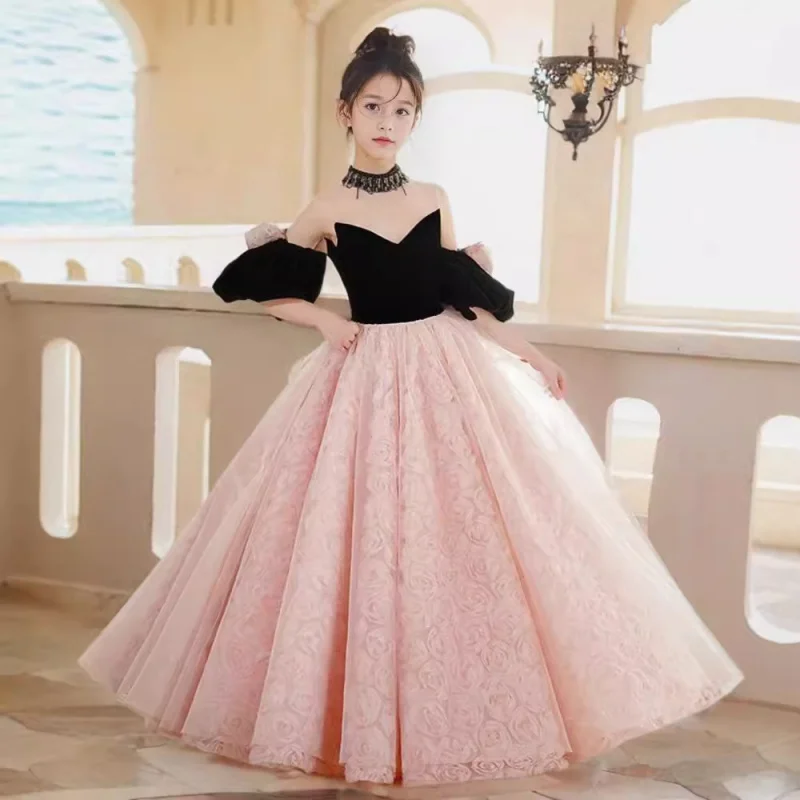 Girls Piano Performance Dress Birthday Princess Dress Flower Girl Wedding Dress Puffy Dress Children's High-end Host Performance
