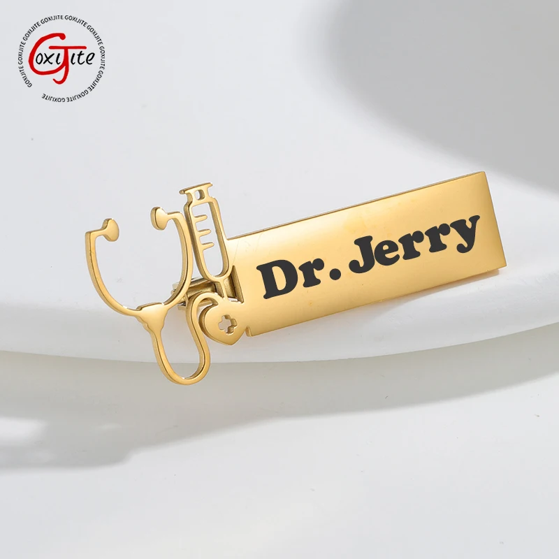 

Goxijite Custom Carving Name Stethoscope Brooch For Women Men Stainless Steel Personalized Engrave Text Daily Wear Jewelry Gift