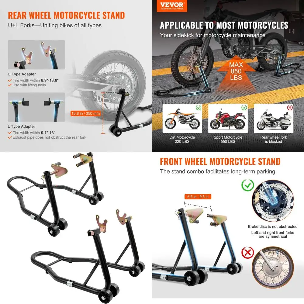 

VEVOR Motorcycle Stand Lift 850lbs Front Rear Combo Stand Lift Stand Front Wheel Fork Stand Rear U+L Fork Swingarm Spool Stand C