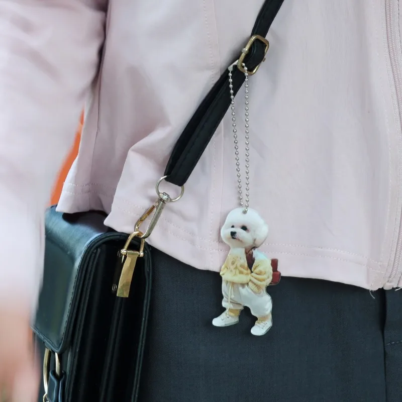 New 2D Puppy Animal Acrylic Car Ornament Creative Keychain Backpack Hanging Keyring Pendant Cute Teddy Dog Key Decor Accessories