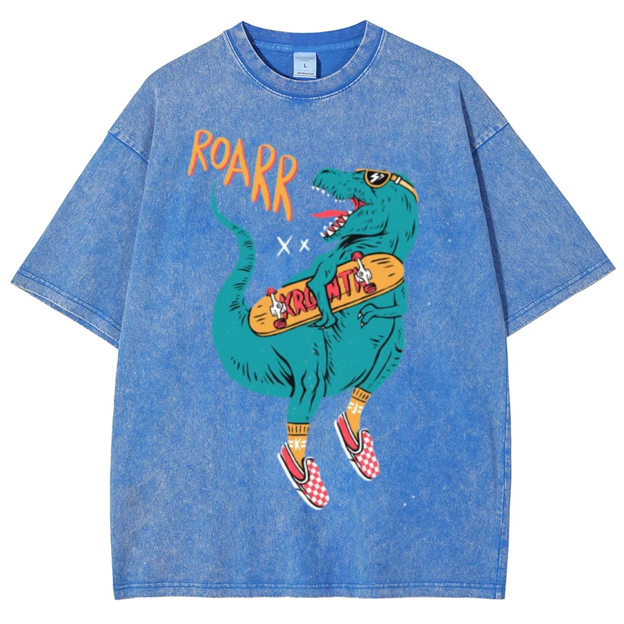 Cartoon Skateboard Dinosaur Print T-Shirt Retro And Old Washed Denim Loose Shoulder Round Neck Fashion Trend Short Sleeve